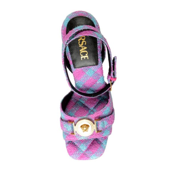 Versace Women's Lurex Check Medusa Logo Sandals Ankle Strap Shoes US 8 IT 38 - Picture 7 of 8